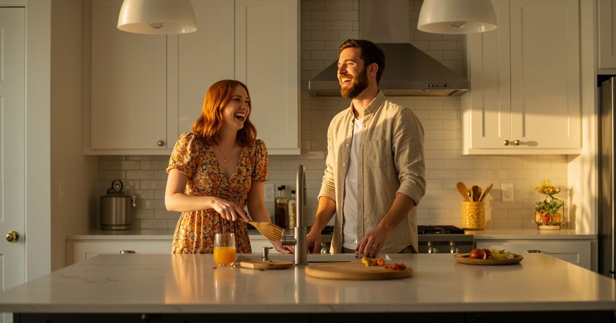 Couple cooking together in a bright kitchen with a gas range and range hood