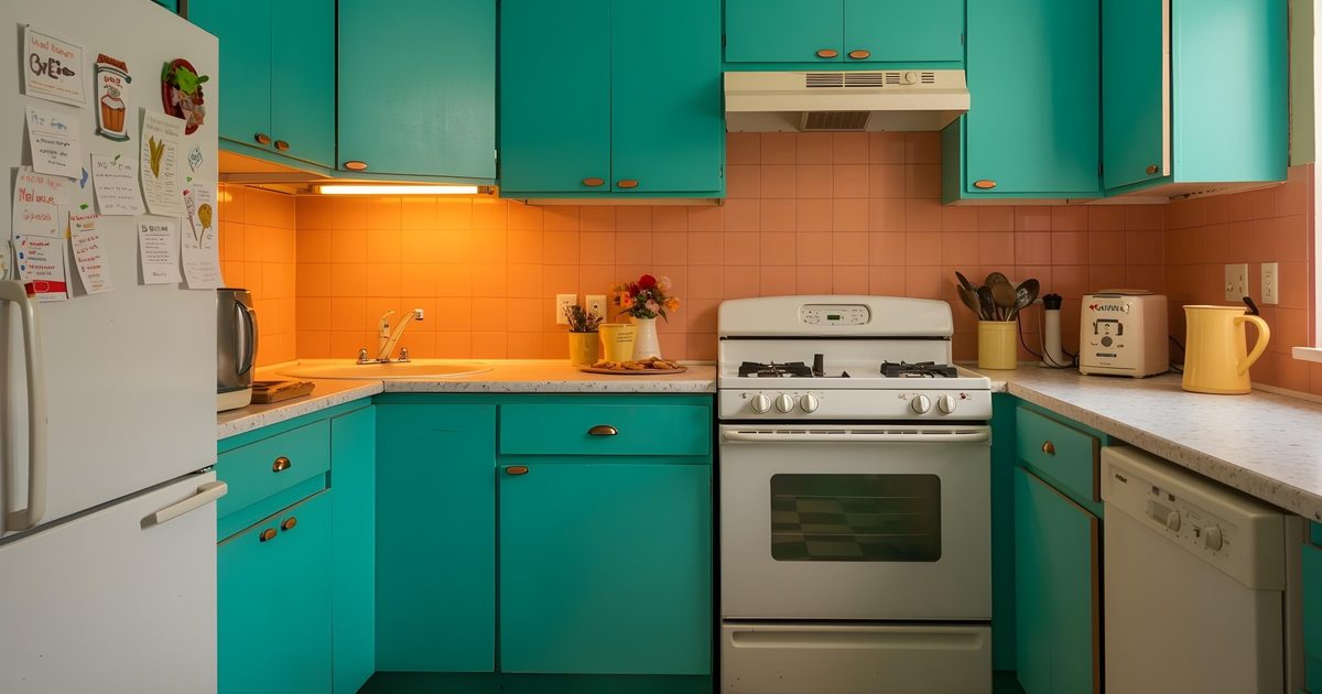 Older kitchen with a white gas range, refrigerator and dishwasher