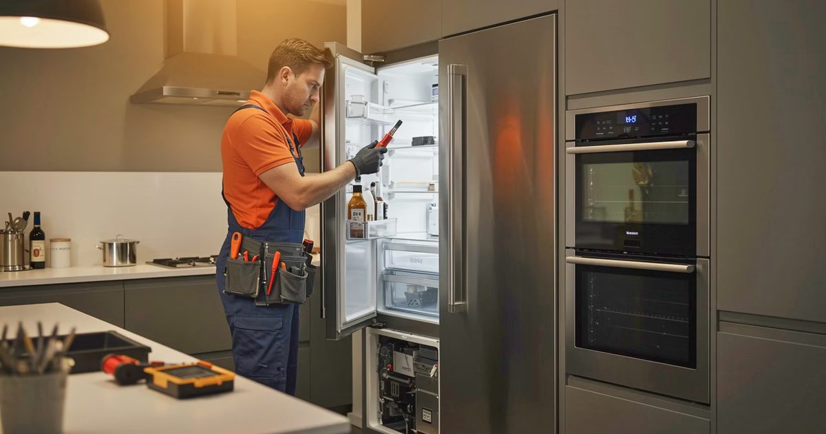 Technician diagnosing a stainless steel refrigerator next to built-in wall ovens